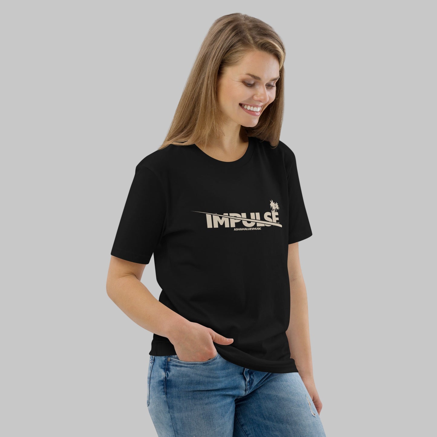 Woman wearing a black t-shirt with text 'IMPULSE' and AShamaluevMusic logo on a grey background