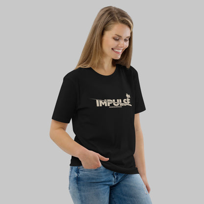 Woman wearing a black t-shirt with text 'IMPULSE' and AShamaluevMusic logo on a grey background