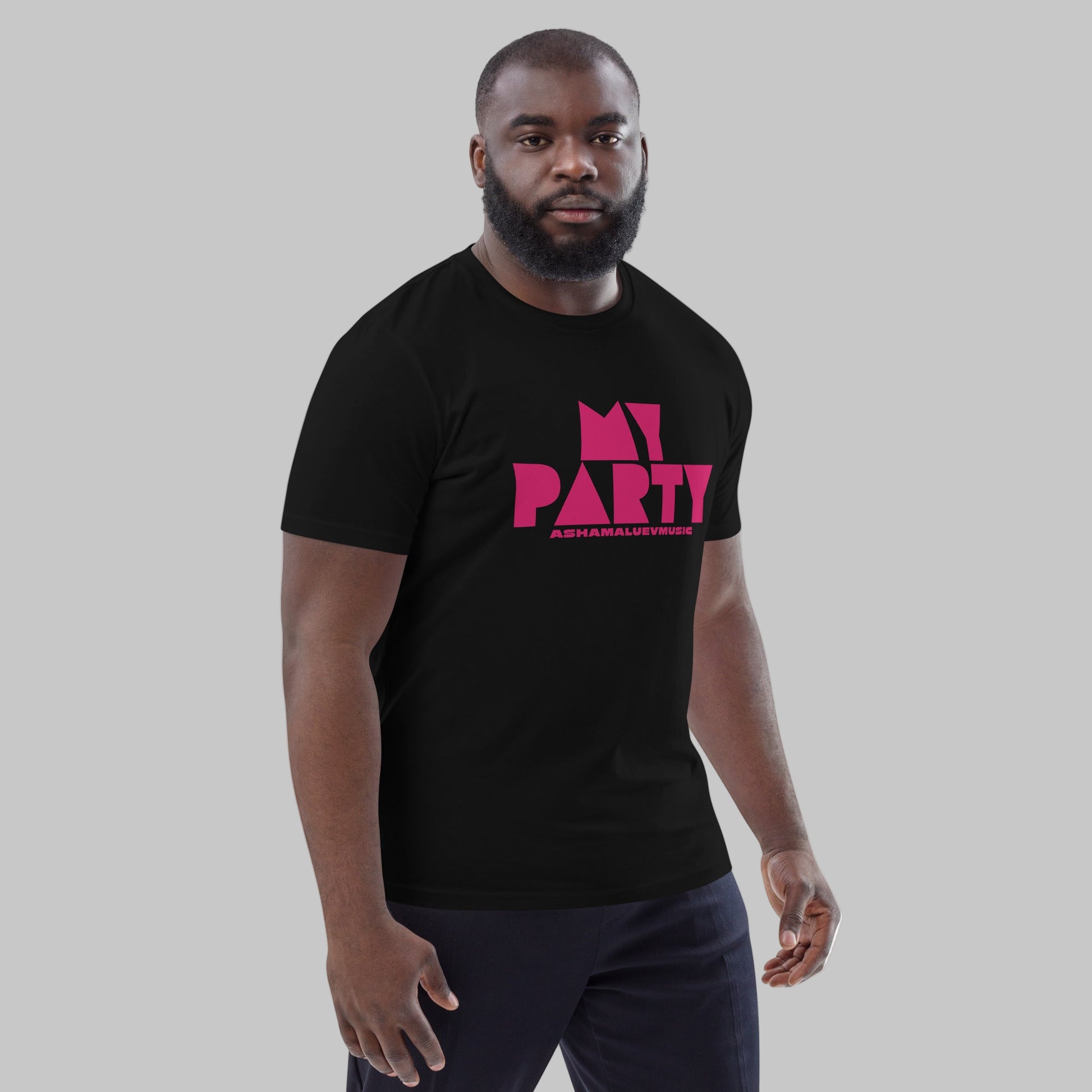 Man wearing a black organic cotton t-shirt with 'My Party' print and AShamaluevMusic logo on a grey background