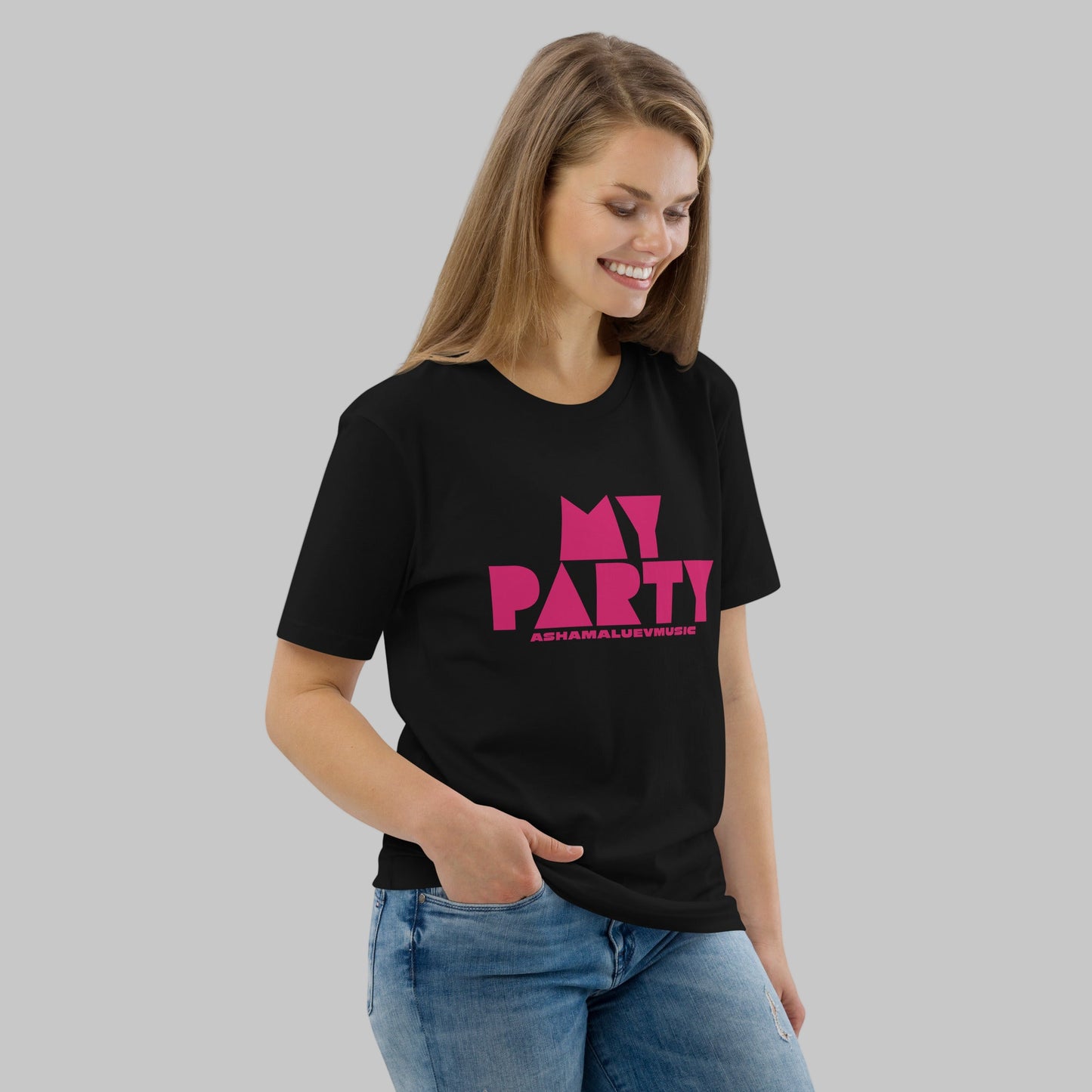 Woman wearing a black organic cotton t-shirt with 'My Party' print and AShamaluevMusic logo on a grey background