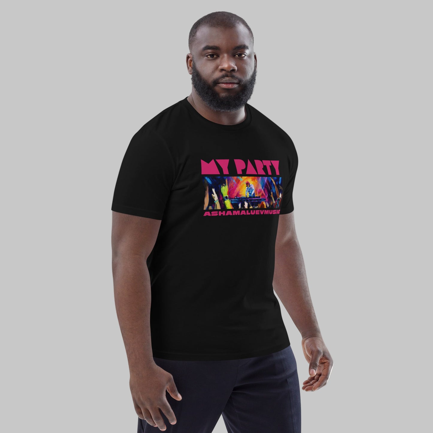 Man wearing a black organic cotton t-shirt with 'My Party' print and AShamaluevMusic logo on a light grey background