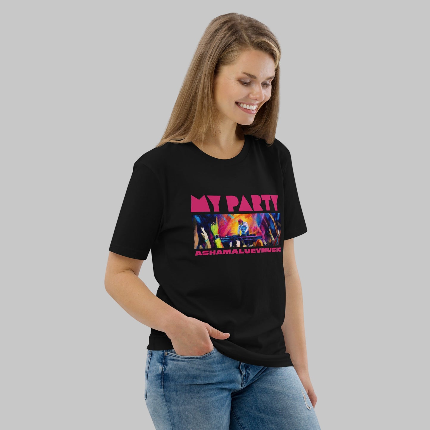 Woman wearing a black organic cotton t-shirt with 'My Party' print and AShamaluevMusic logo on a grey background