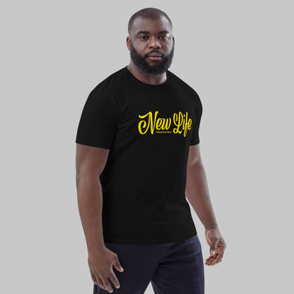 Man wearing a black organic cotton t-shirt with 'New Life' print and AShamaluevMusic logo in yellow text on a grey background
