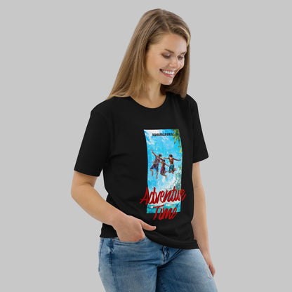 Woman wearing a black t-shirt with 'Adventure Time' graphic design and AShamaluevMusic logo on a grey background.