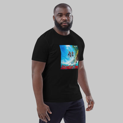 Man wearing a black t-shirt with a 'Adventure Time' graphic design and AShamaluevMusic logo on a grey background.