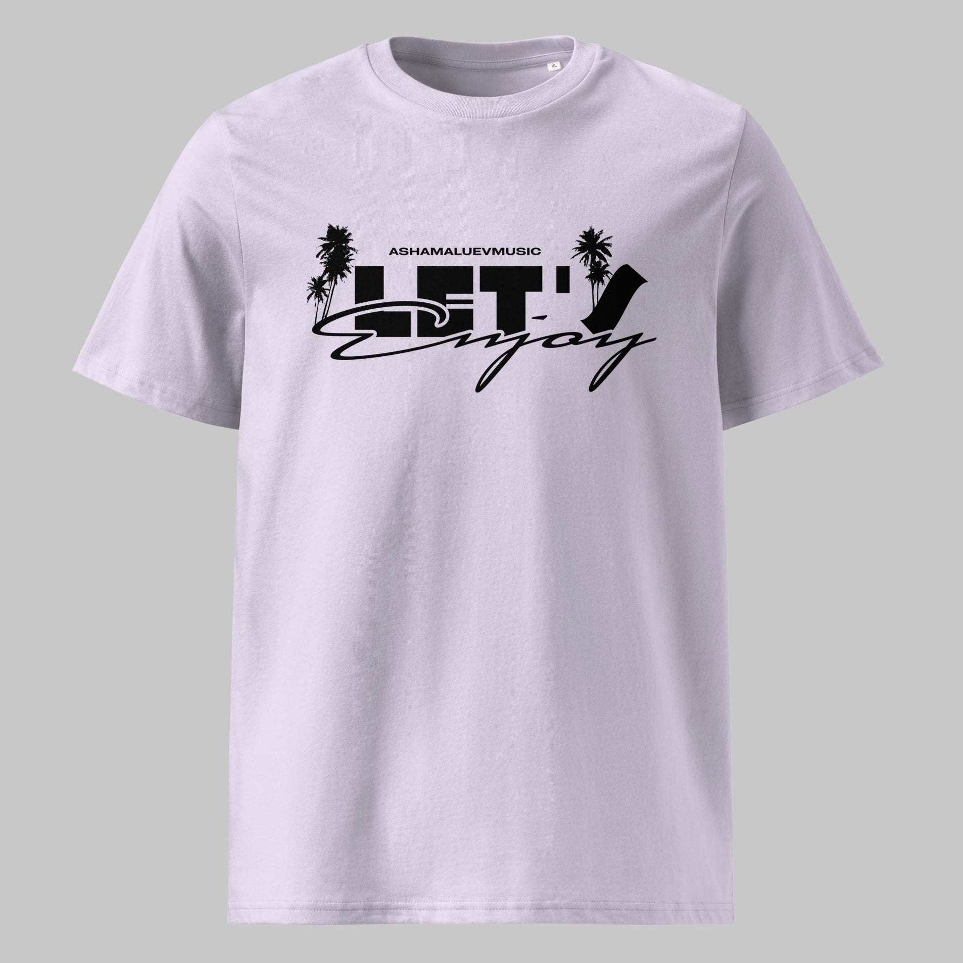 Lavender t-shirt with black graphic design on a gray background