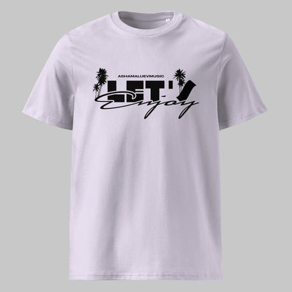 Lavender t-shirt with black graphic design on a gray background