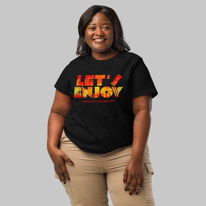 Woman wearing a black t-shirt with 'LET'S ENJOY' text and AShamaluevMusic logo in colorful letters on a grey background