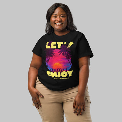 Woman wearing a black t-shirt with a Let's Enjoy print and AShamaluevMusic logo on a grey background