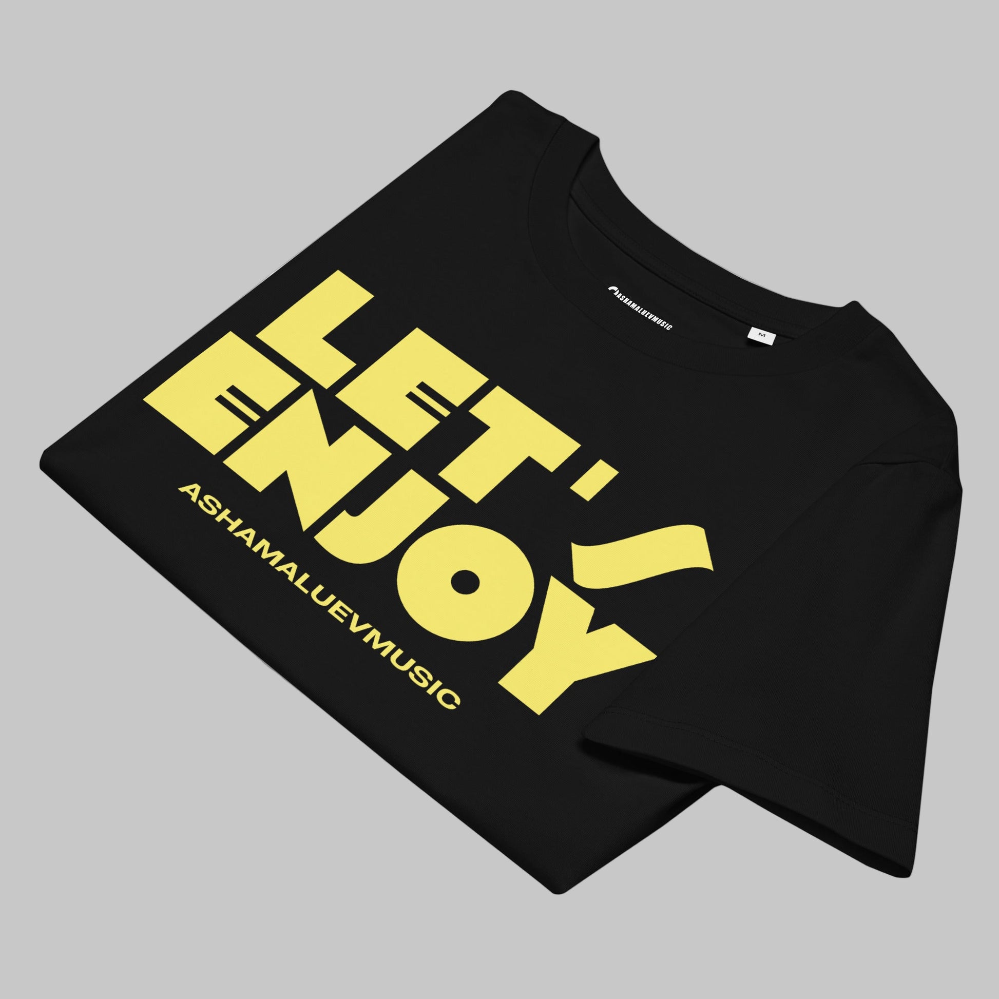 Black women's organic cotton t-shirt with a 'Let's Enjoy' print and AShamaluevMusic logo on a grey background