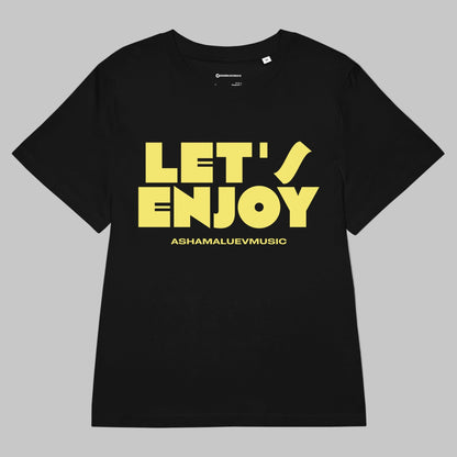 Black women's organic cotton t-shirt with a 'Let's Enjoy' print and AShamaluevMusic logo on a grey background