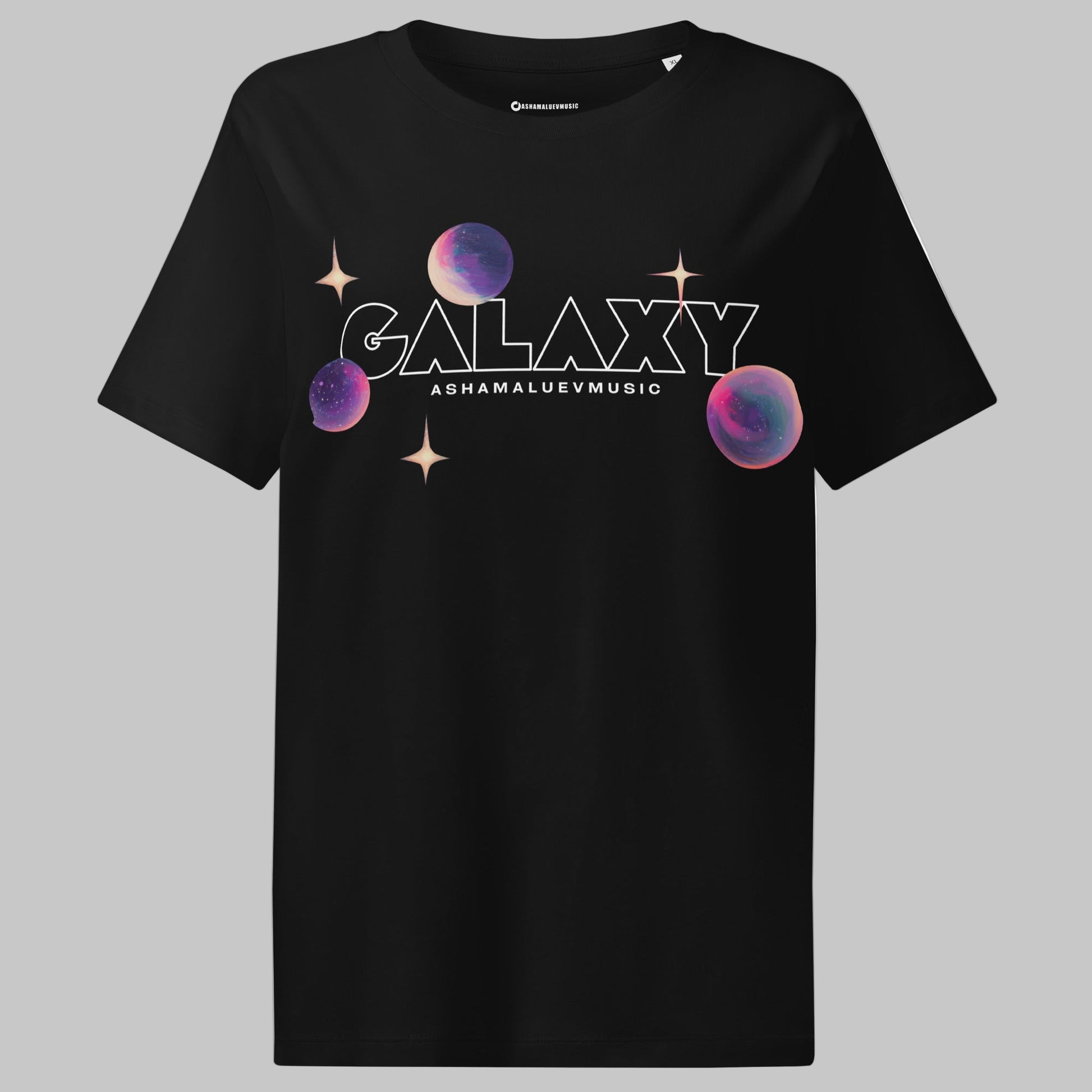 Black t-shirt with a 'Galaxy' design and AShamaluevMusic logo on a light grey background