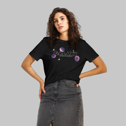 Woman wearing a black t-shirt with a 'Galaxy' design and AShamaluevMusic logo on a white background