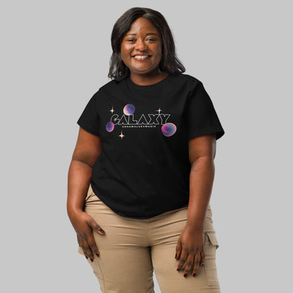 Woman wearing a black t-shirt with a 'Galaxy' design and AShamaluevMusic logo on a white background