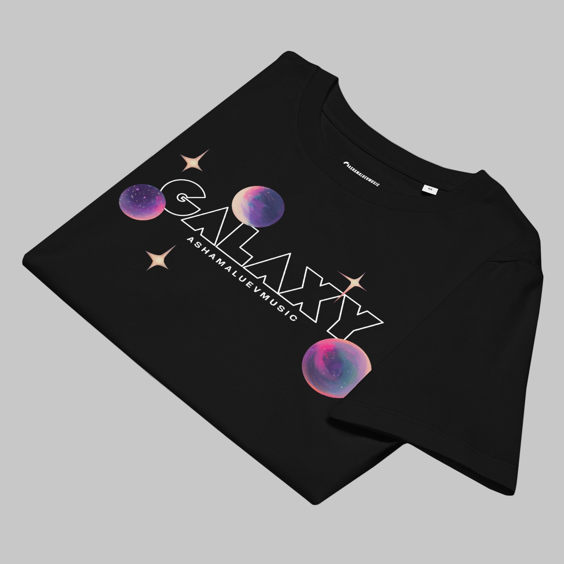 Black t-shirt with a 'Galaxy' design and AShamaluevMusic logo on a grey background