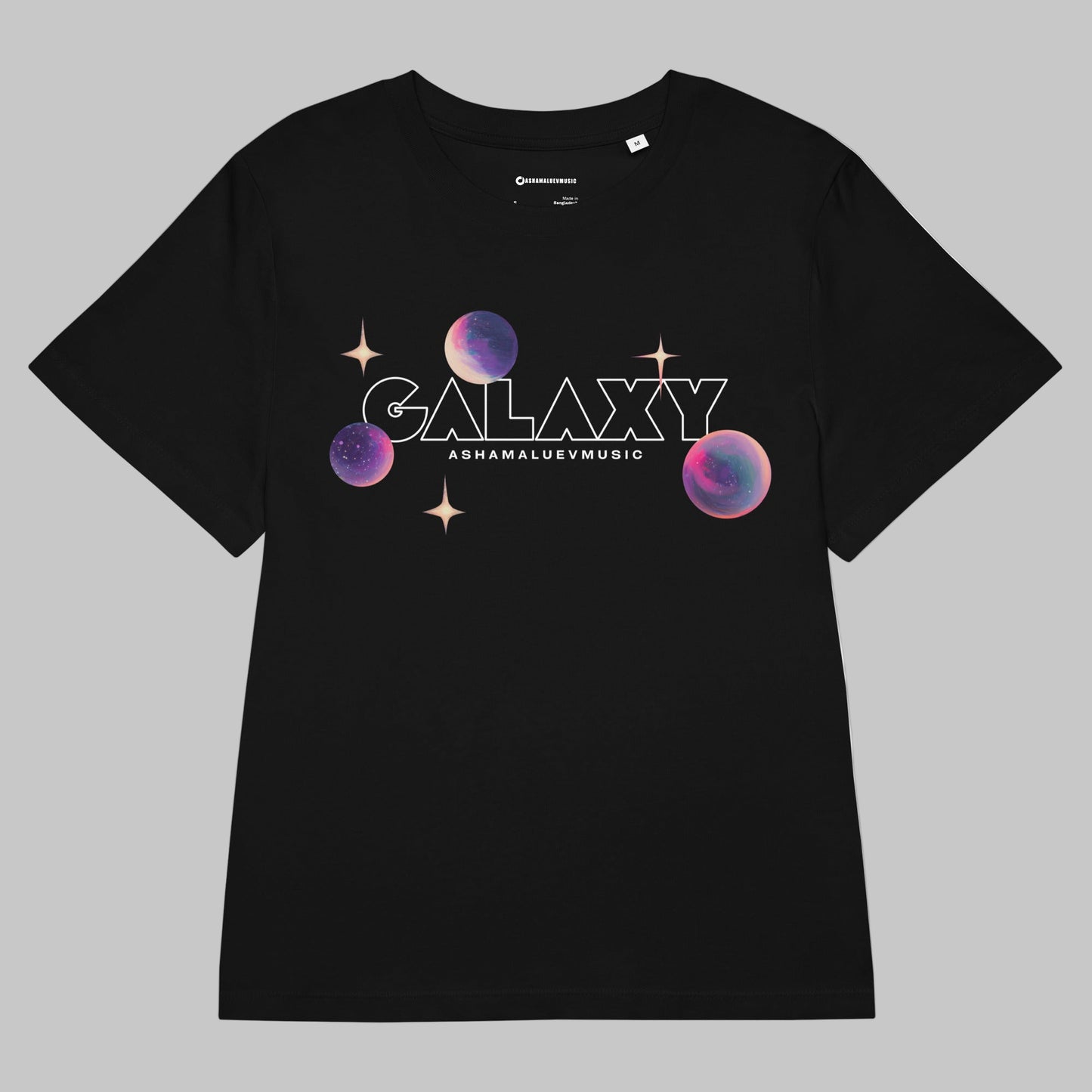 Black t-shirt with a 'Galaxy' design and AShamaluevMusic logo on a grey background