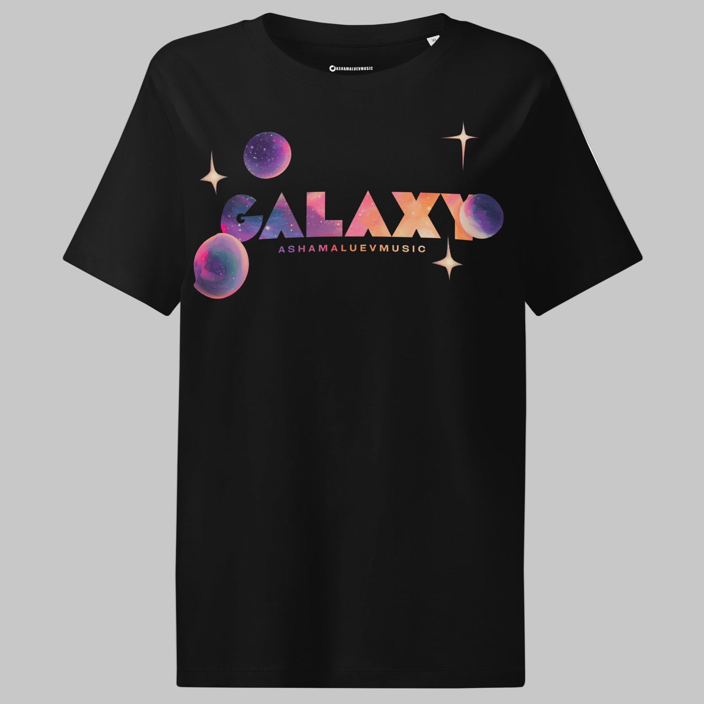 Black t-shirt with a 'Galaxy' design and AShamaluevMusic logo on a light grey background
