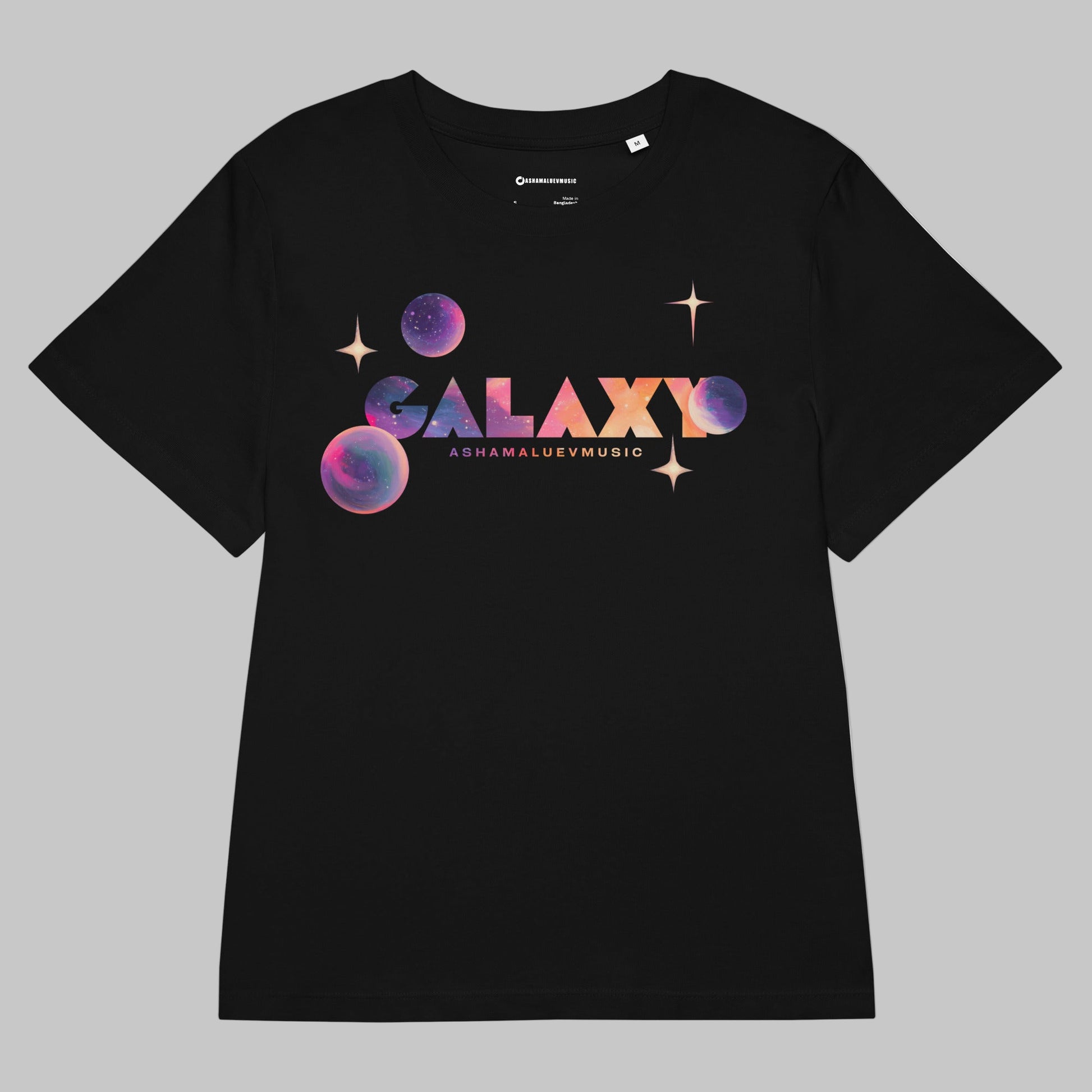 Black t-shirt with a 'Galaxy' design and AShamaluevMusic logo on a light grey background