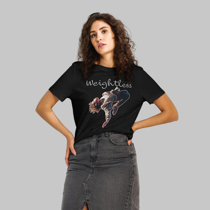 Woman wearing a black t-shirt with a 'Weightless' design and AShamaluevMusic logo on a light grey background