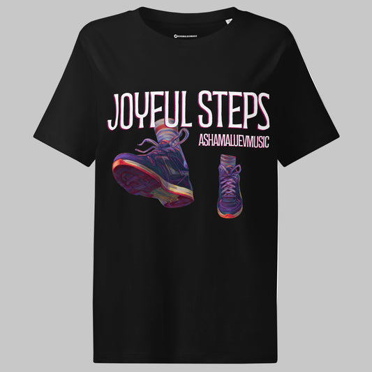 Black t-shirt with 'Joyful Steps' and AShamaluevMusic text and colorful shoe design on a gray background