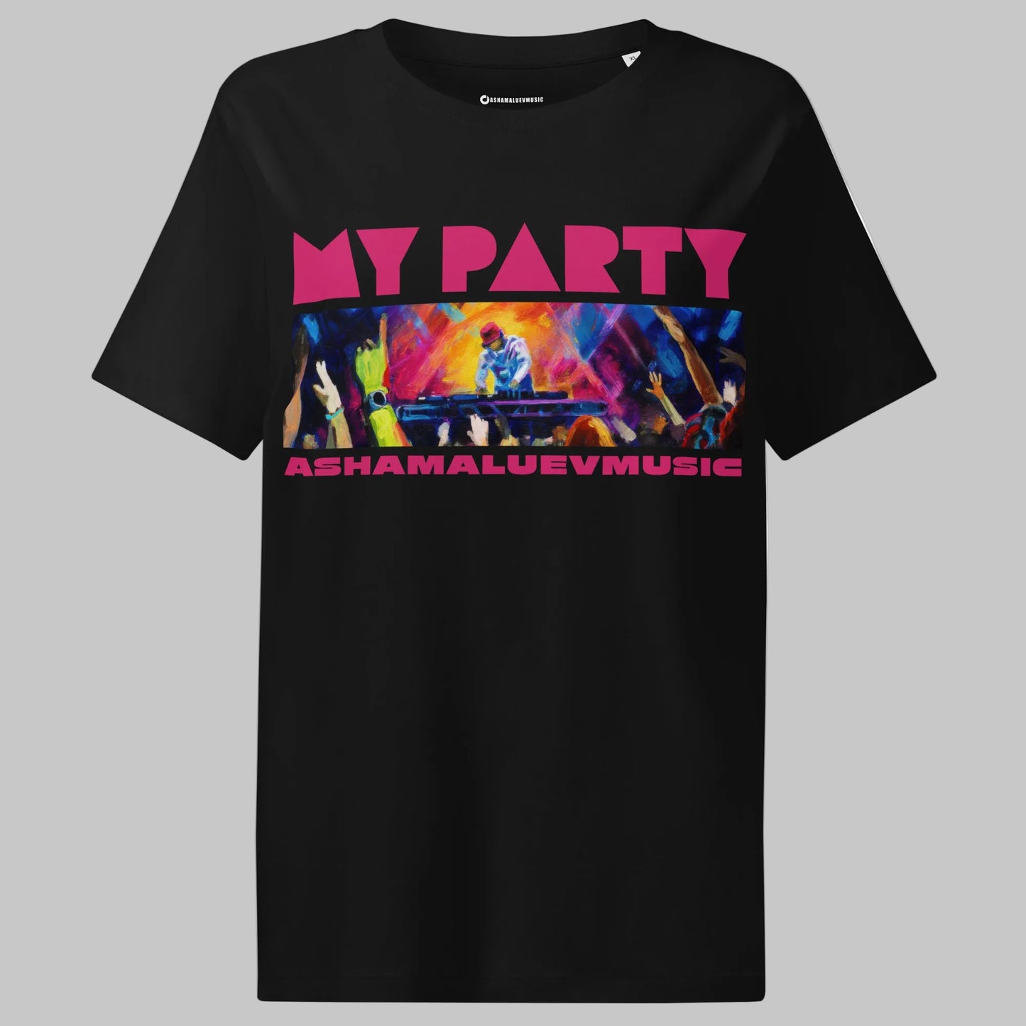 Black t-shirt with colorful graphic and text 'My Party' and 'AShamaluevMusic' on a white background