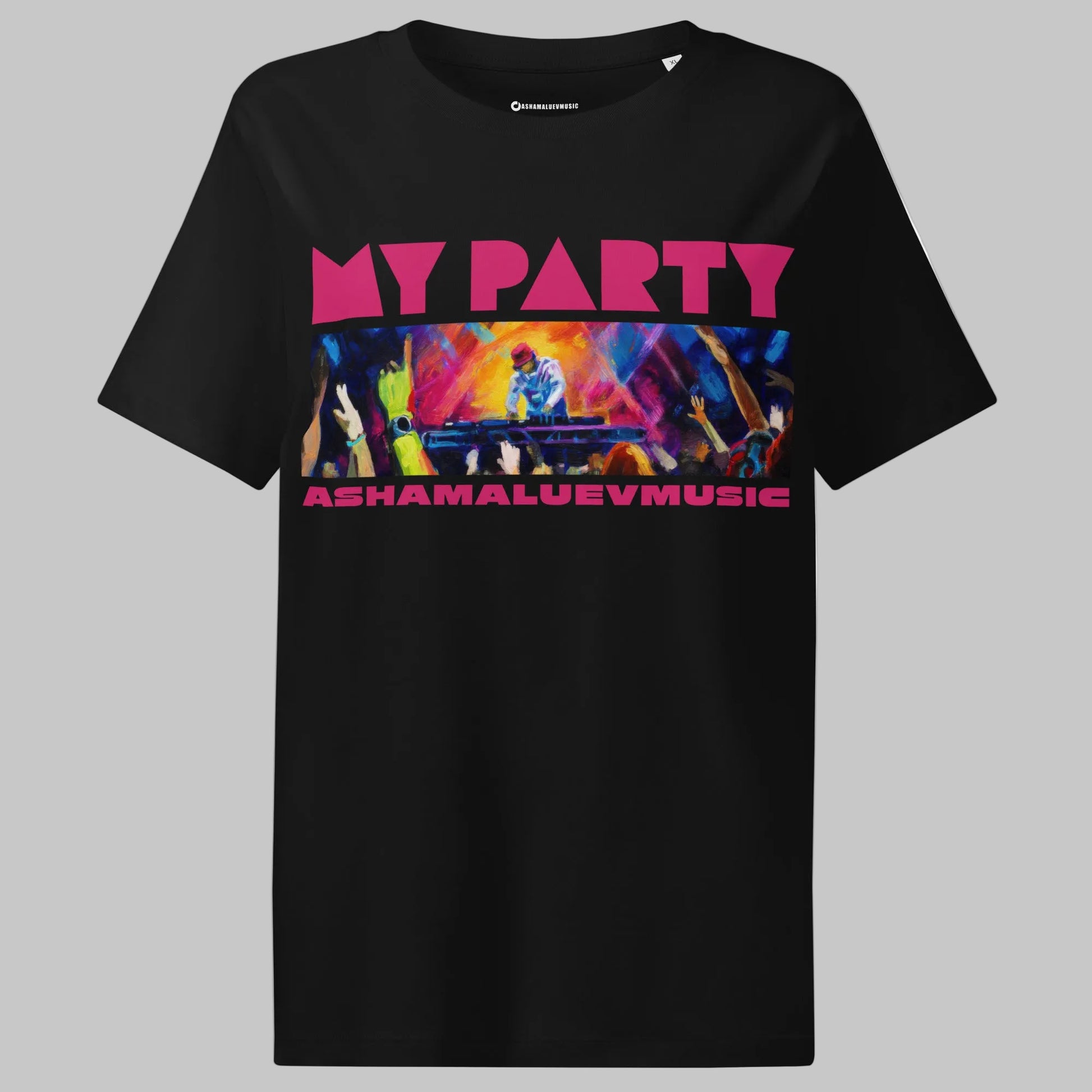 Black t-shirt with colorful graphic and text 'My Party' and 'AShamaluevMusic' on a white background