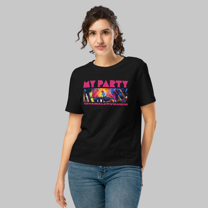 Woman wearing a black t-shirt with graphic and text 'MY PARTY' and 'ASHAMALUEVMUSIC' on a gray background