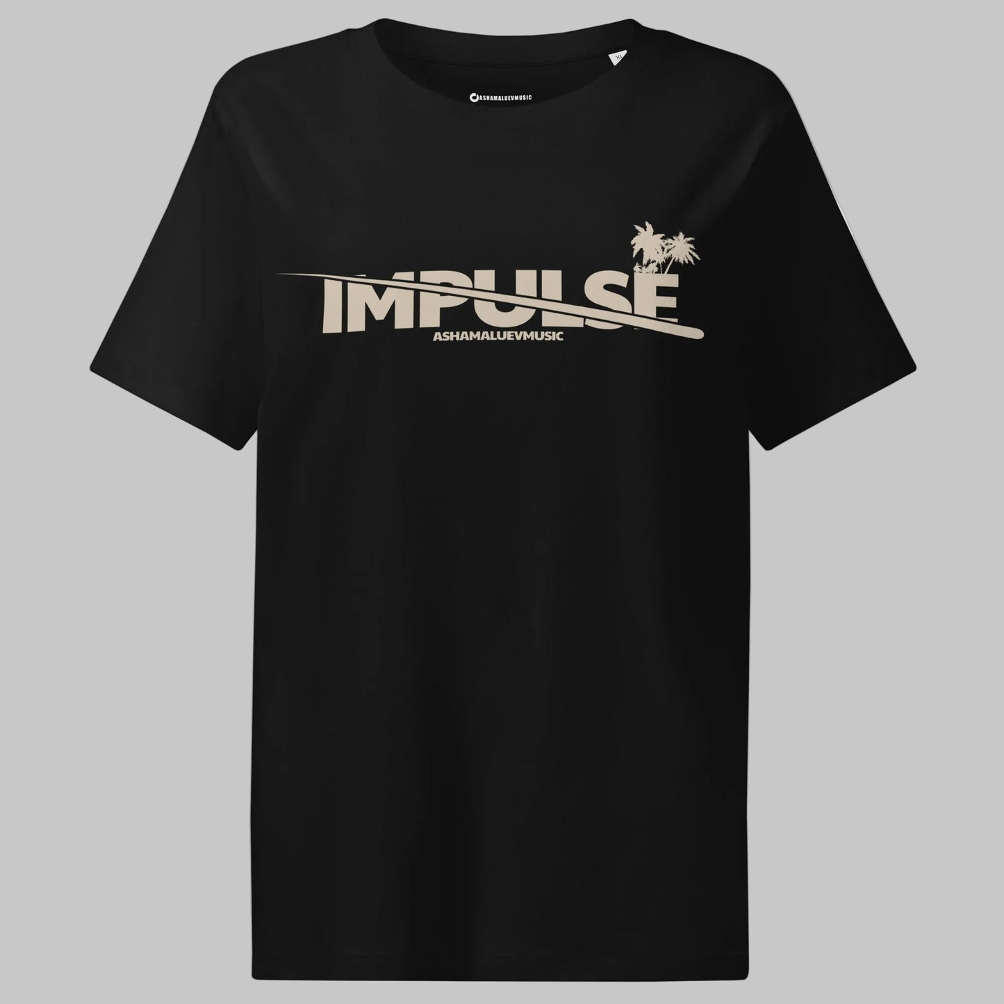 Black woomen's t-shirt with beige text 'IMPULSE' and 'AShamaluevMusic' on a gray background