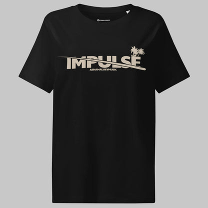 Black woomen's t-shirt with beige text 'IMPULSE' and 'AShamaluevMusic' on a gray background