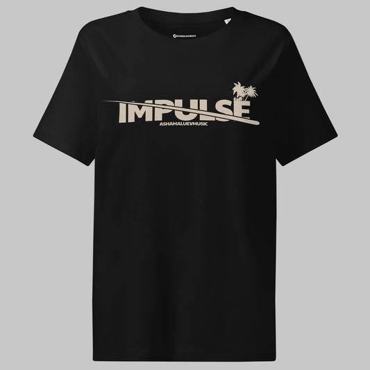 Black woomen's t-shirt with beige text 'IMPULSE' and 'AShamaluevMusic' on a gray background