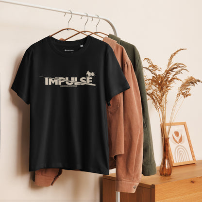 Black organic short sleeve t-shirt with beige text 'IMPULSE' and 'AShamaluevMusic' on a hanger against a neutral background