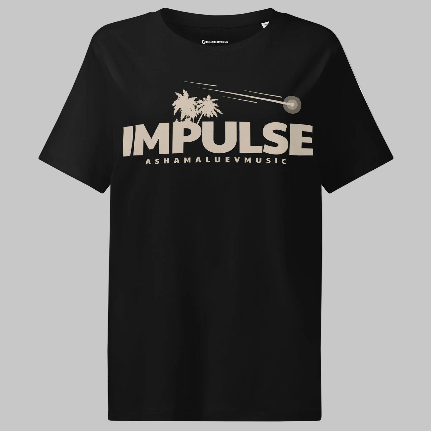 Black women's organic short sleeve t-shirt with beige text 'IMPULSE' and 'ASHAMALUEVMUSIC' on a gray background