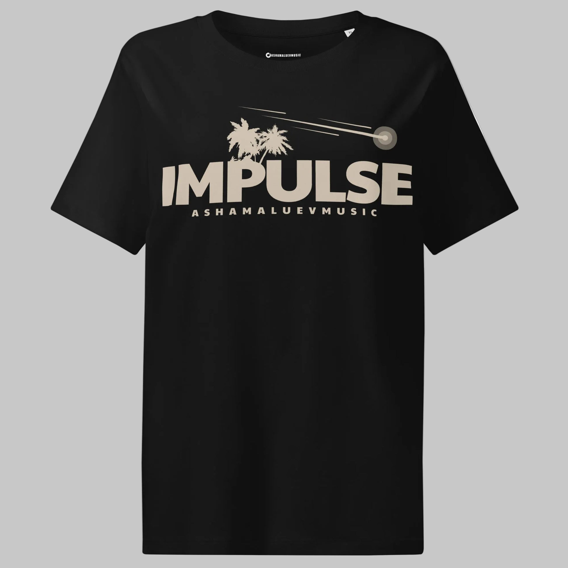 Black women's organic short sleeve t-shirt with beige text 'IMPULSE' and 'ASHAMALUEVMUSIC' on a gray background