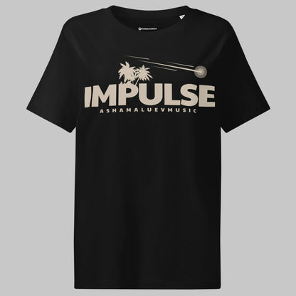 Black women's organic short sleeve t-shirt with beige text 'IMPULSE' and 'ASHAMALUEVMUSIC' on a gray background
