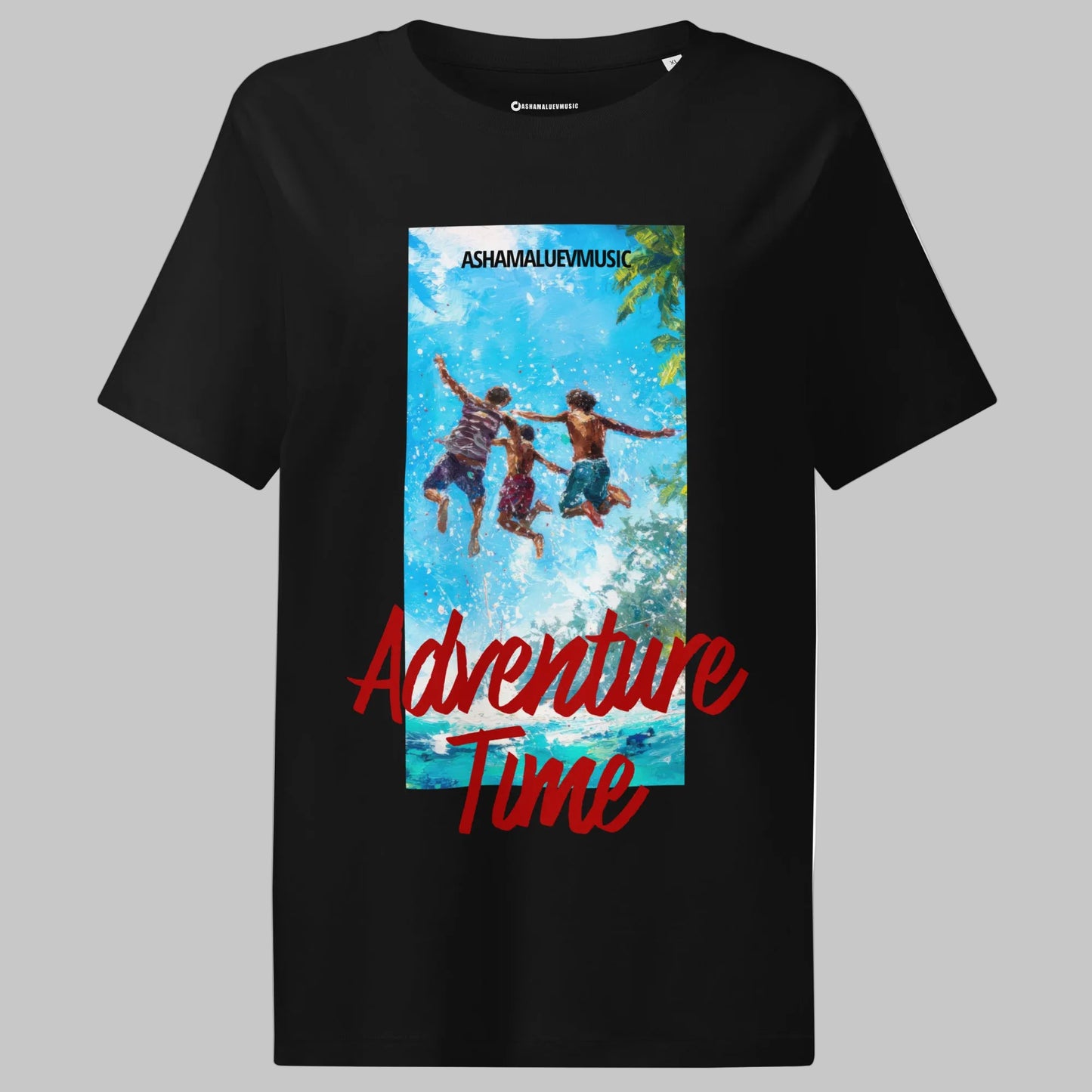 Black women's short sleeve t-shirt with 'Adventure Time' graphic and text 'AShamaluevMusic' on a gray background