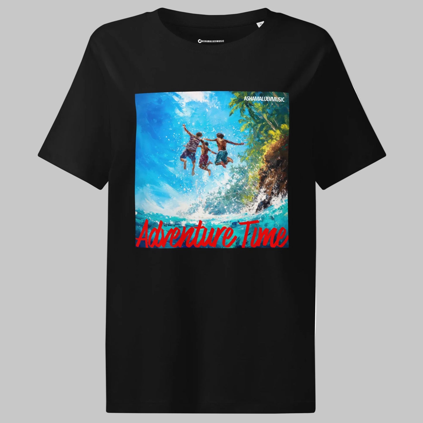 Black women's short sleeve t-shirt with 'Adventure Time' graphic and 'AShamaluevMusic' text on a gray background