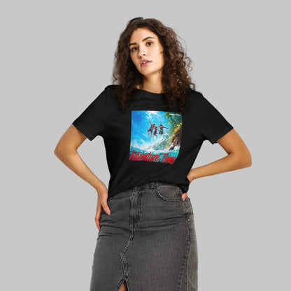 Woman wearing a black short sleeve t-shirt with a 'Adventure Time' colorful graphic and 'AShamaluevMusic' text on a gray background