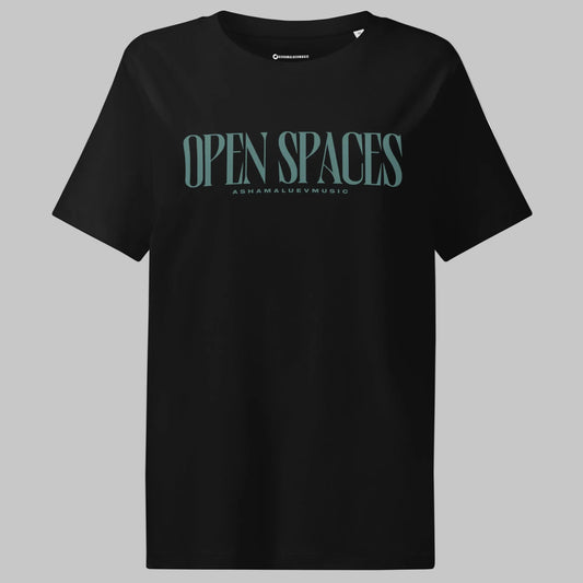 Black women's short sleeve t-shirt with turquoise text 'Open Spaces' and 'AShamaluevMusic' on a gray background.