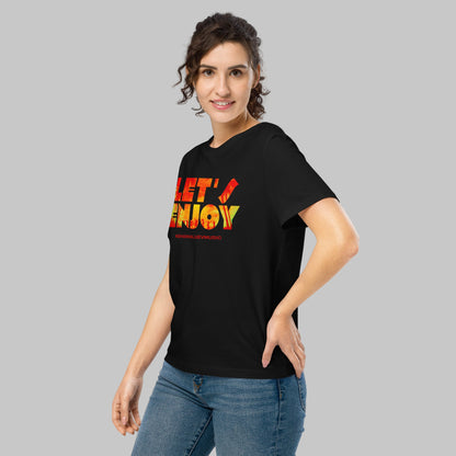 Woman wearing a black t-shirt with 'LET'S ENJOY' text and AShamaluevMusic logo in colorful letters on a grey background
