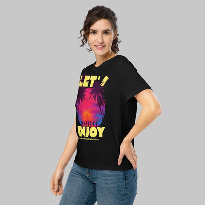 Woman wearing a black t-shirt with a Let's Enjoy print and AShamaluevMusic logo on a grey background