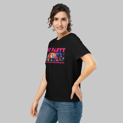 Woman wearing a black t-shirt with graphic and text 'MY PARTY' and 'ASHAMALUEVMUSIC' on a gray background