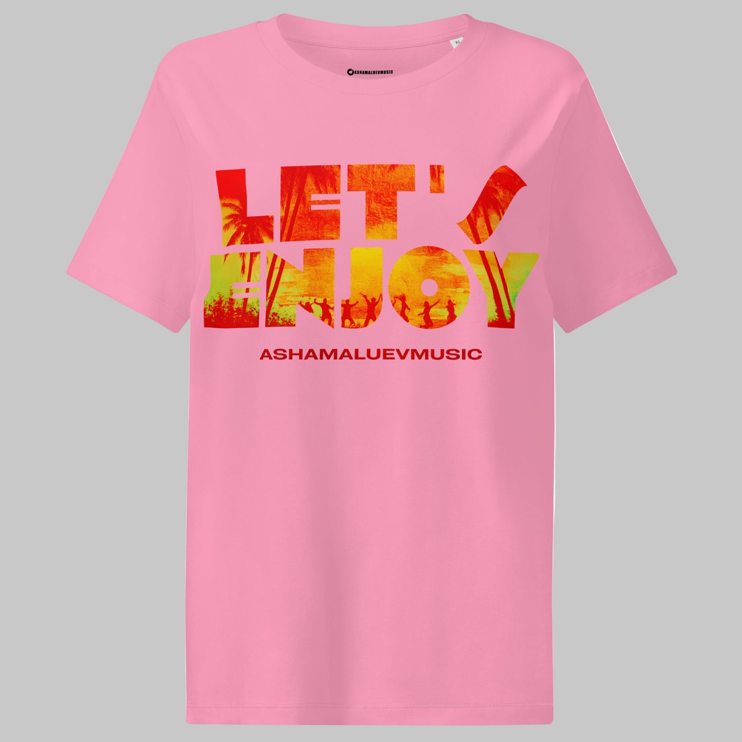Pink t-shirt with 'LET'S ENJOY' and AShamaluevMusic text on a grey background