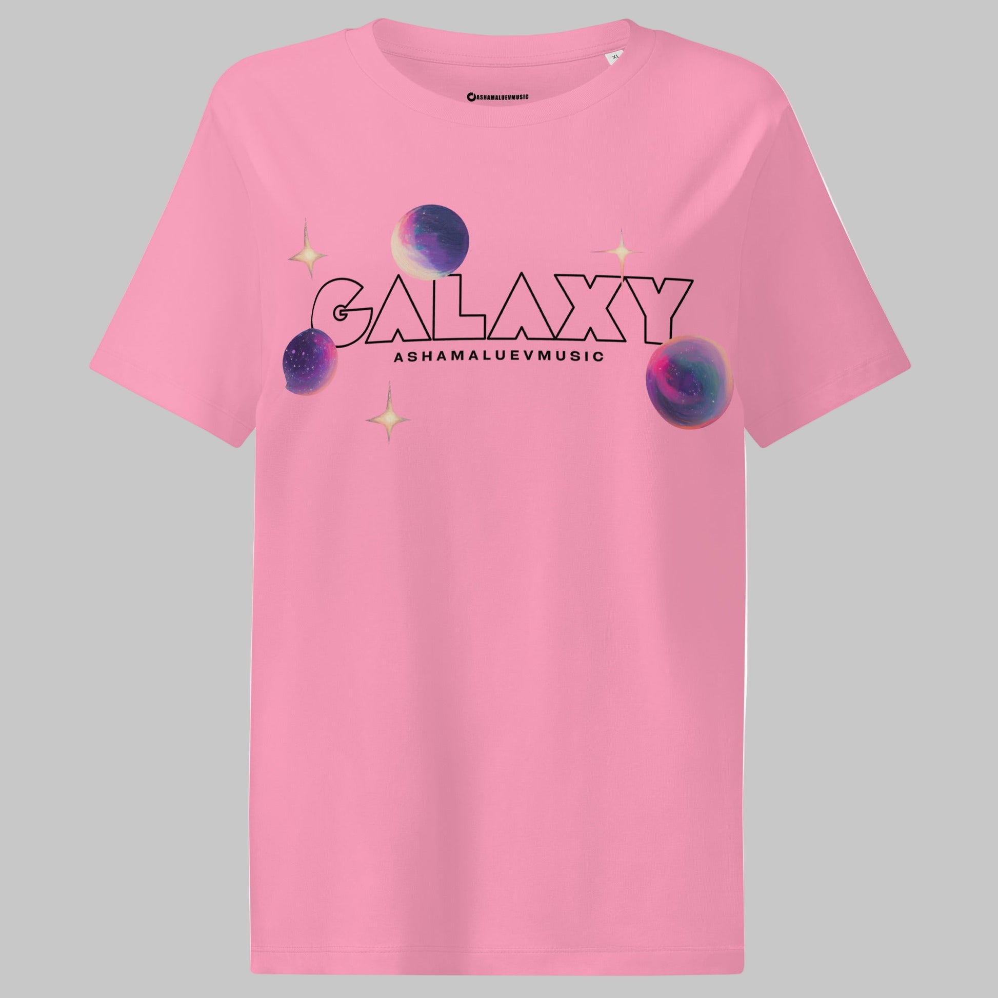 Bubble pink t-shirt with a 'Galaxy' design and AShamaluevMusic logo on a grey background