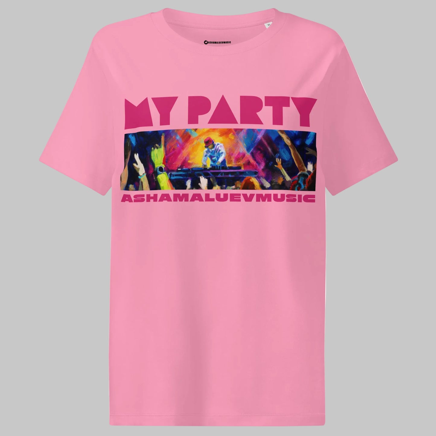Bubble pink t-shirt with colorful graphic and text 'MY PARTY' and 'ASHAMALUEVMUSIC' on a gray background