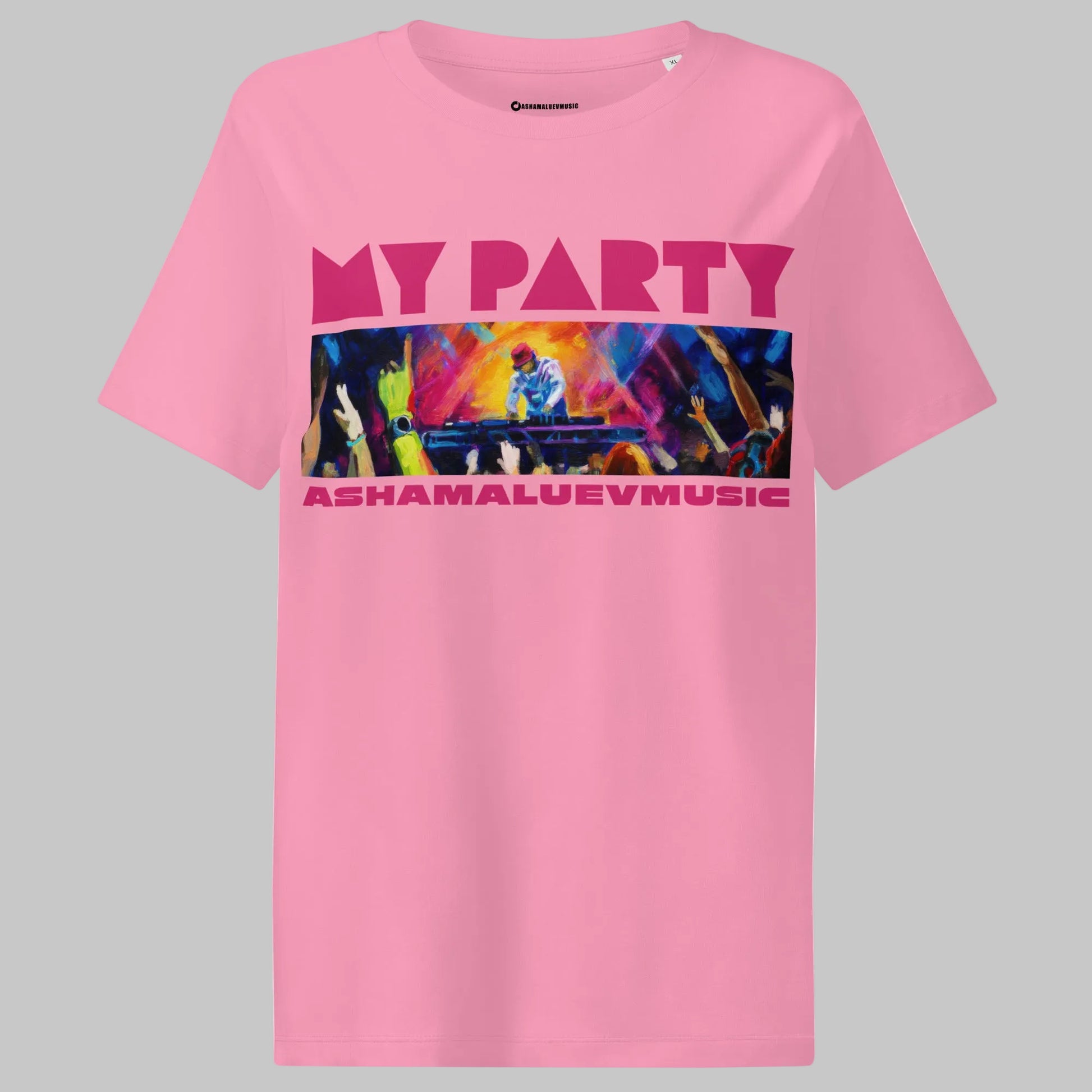 Bubble pink t-shirt with colorful graphic and text 'MY PARTY' and 'ASHAMALUEVMUSIC' on a gray background