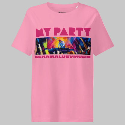 Bubble pink t-shirt with colorful graphic and text 'MY PARTY' and 'ASHAMALUEVMUSIC' on a gray background