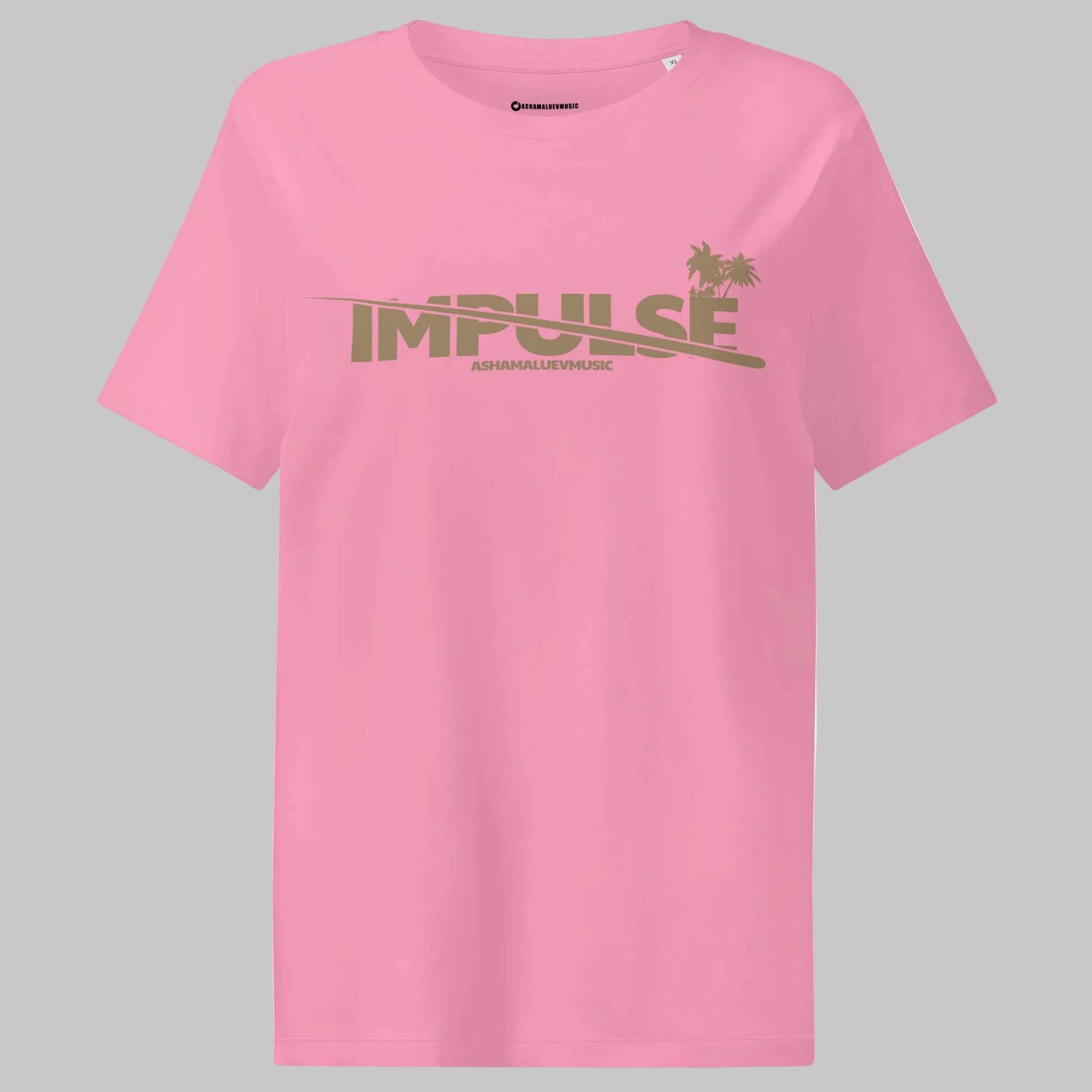 Bubble pink woomen's t-shirt with beige text 'IMPULSE' and 'AShamaluevMusic' on a gray background