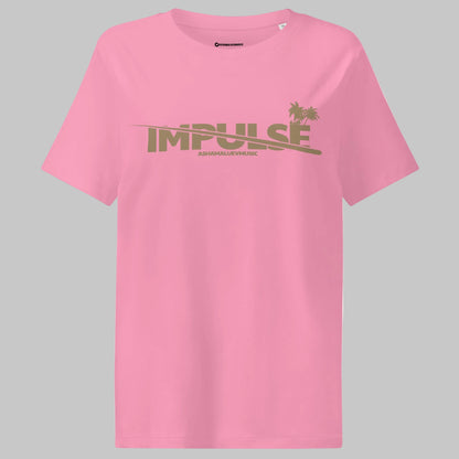Bubble pink woomen's t-shirt with beige text 'IMPULSE' and 'AShamaluevMusic' on a gray background