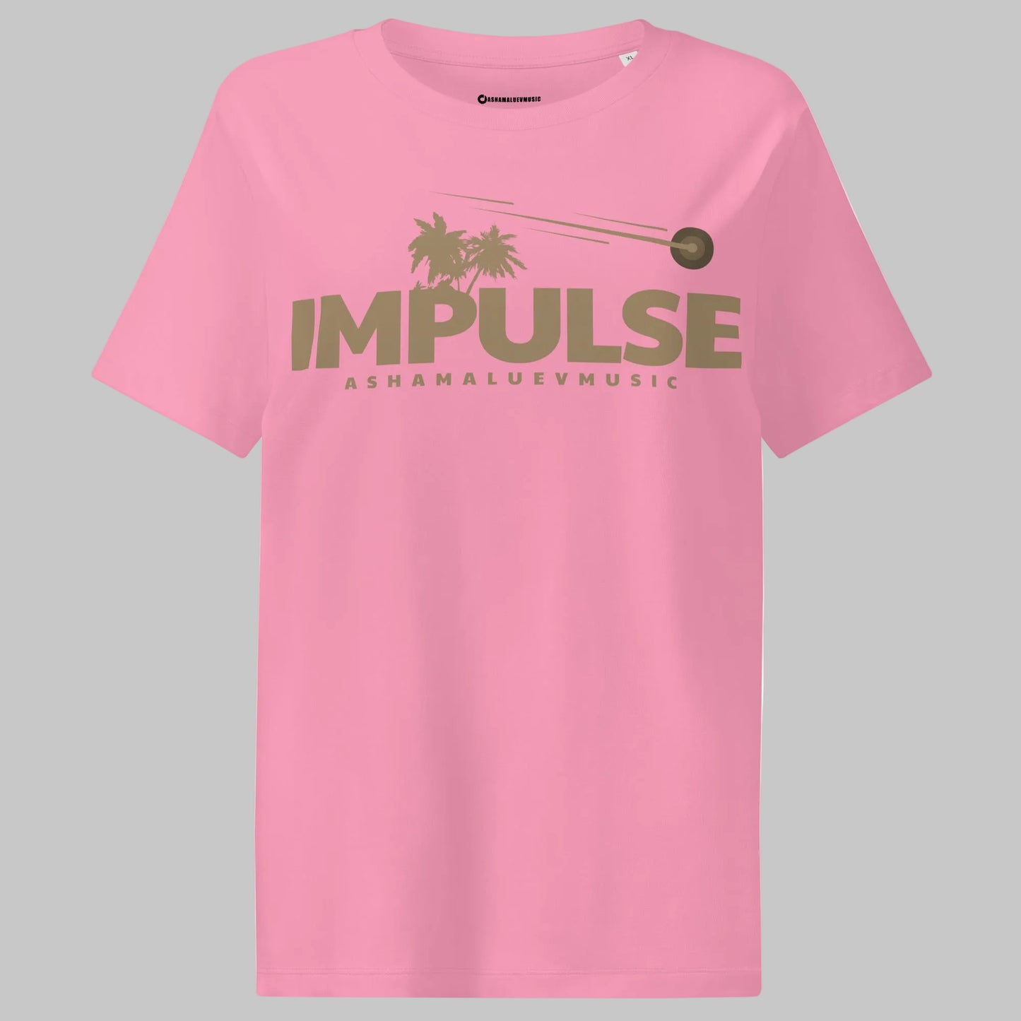 Bubble pink women's organic short sleeve t-shirt with beige text 'IMPULSE' and 'ASHAMALUEVMUSIC' on a gray background