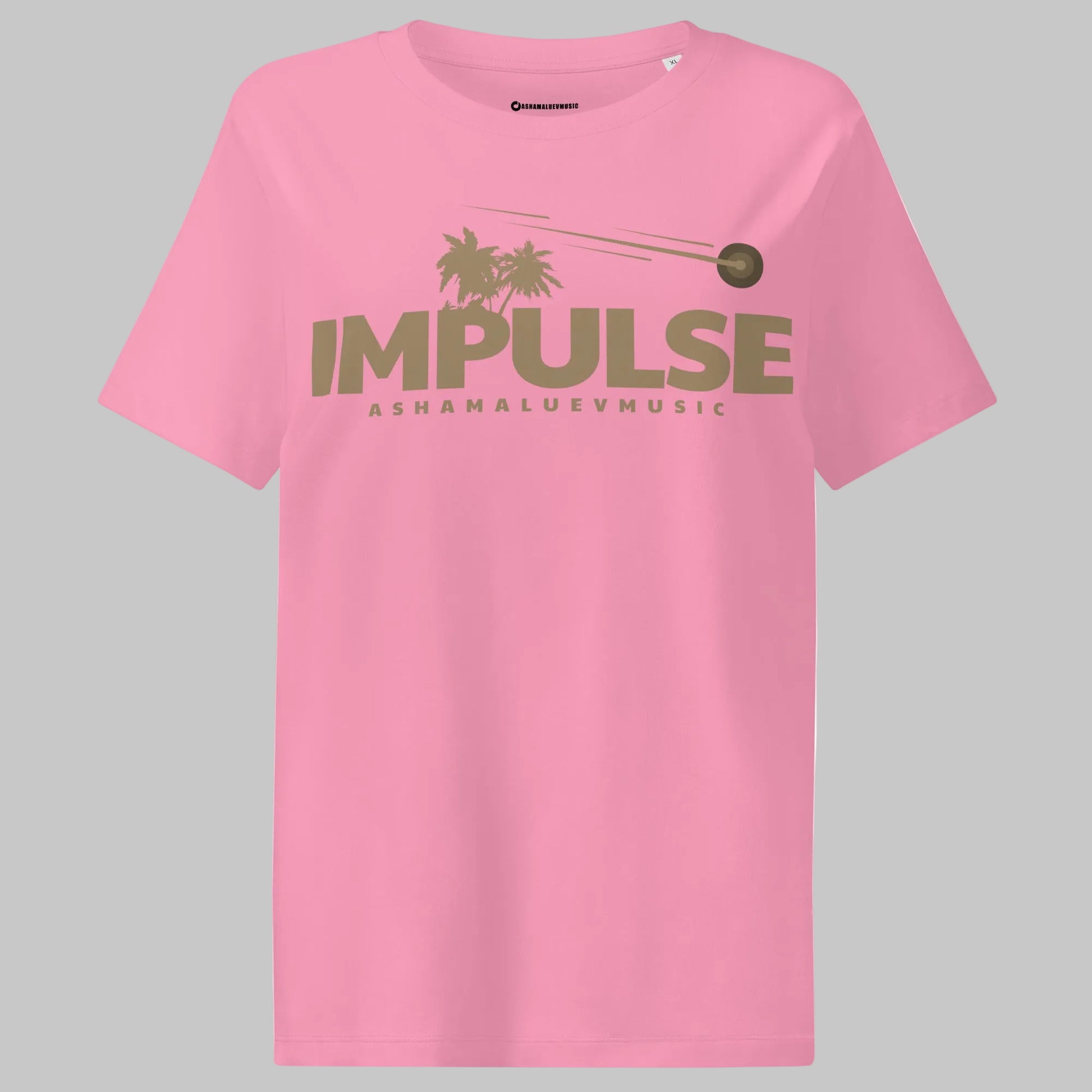 Bubble pink women's organic short sleeve t-shirt with beige text 'IMPULSE' and 'ASHAMALUEVMUSIC' on a gray background